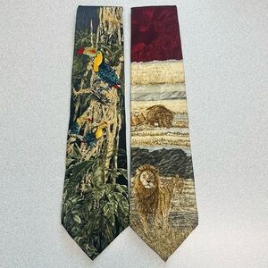 Lot of 2 Endangered Species Vintage Men's Silk Ties Lions Toucans Tropical